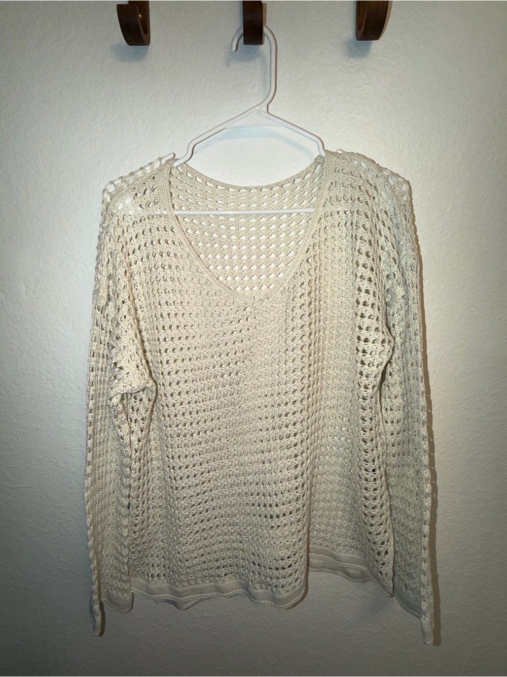 SHEIN Cream Open-Knit V-Neck Beach Coverup
